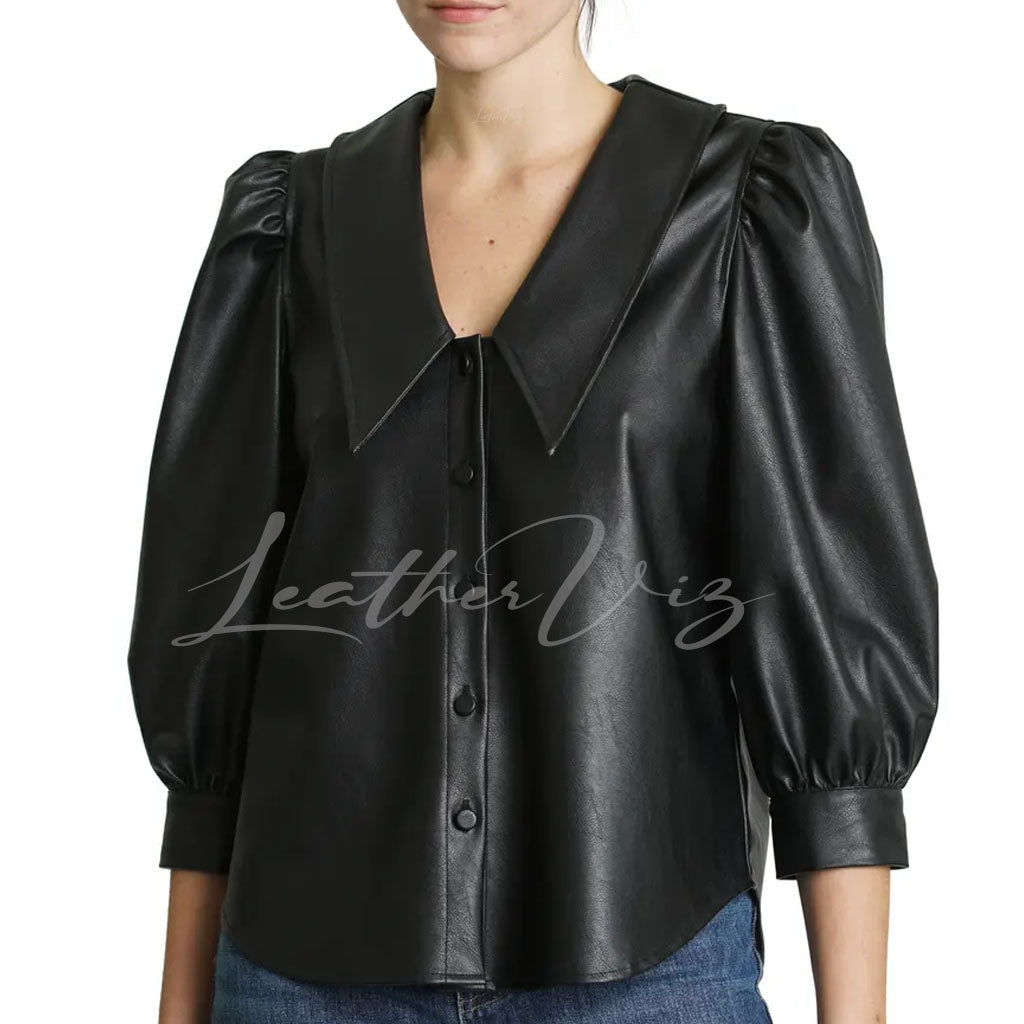 Sharp Point Collar Women Leather Shirt