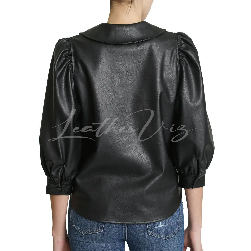 Sharp Point Collar Women Leather Shirt