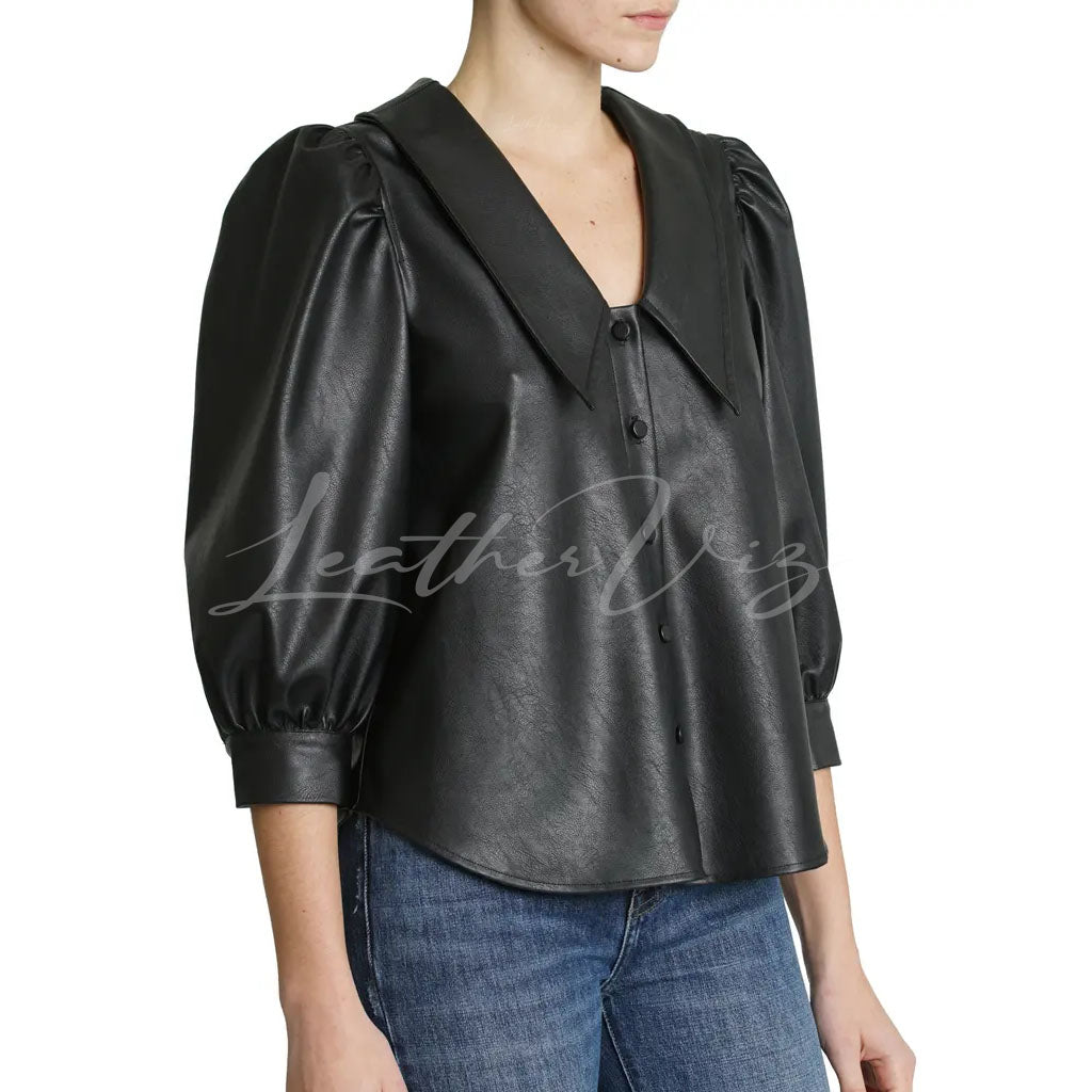 Sharp Point Collar Women Leather Shirt