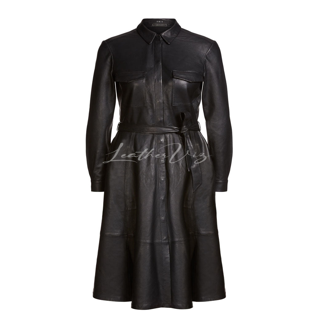 Shirt Style A-Linie Flared Leather Dress