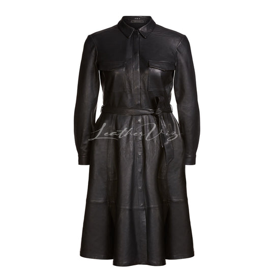 Shirt Style A-Linie Flared Leather Dress