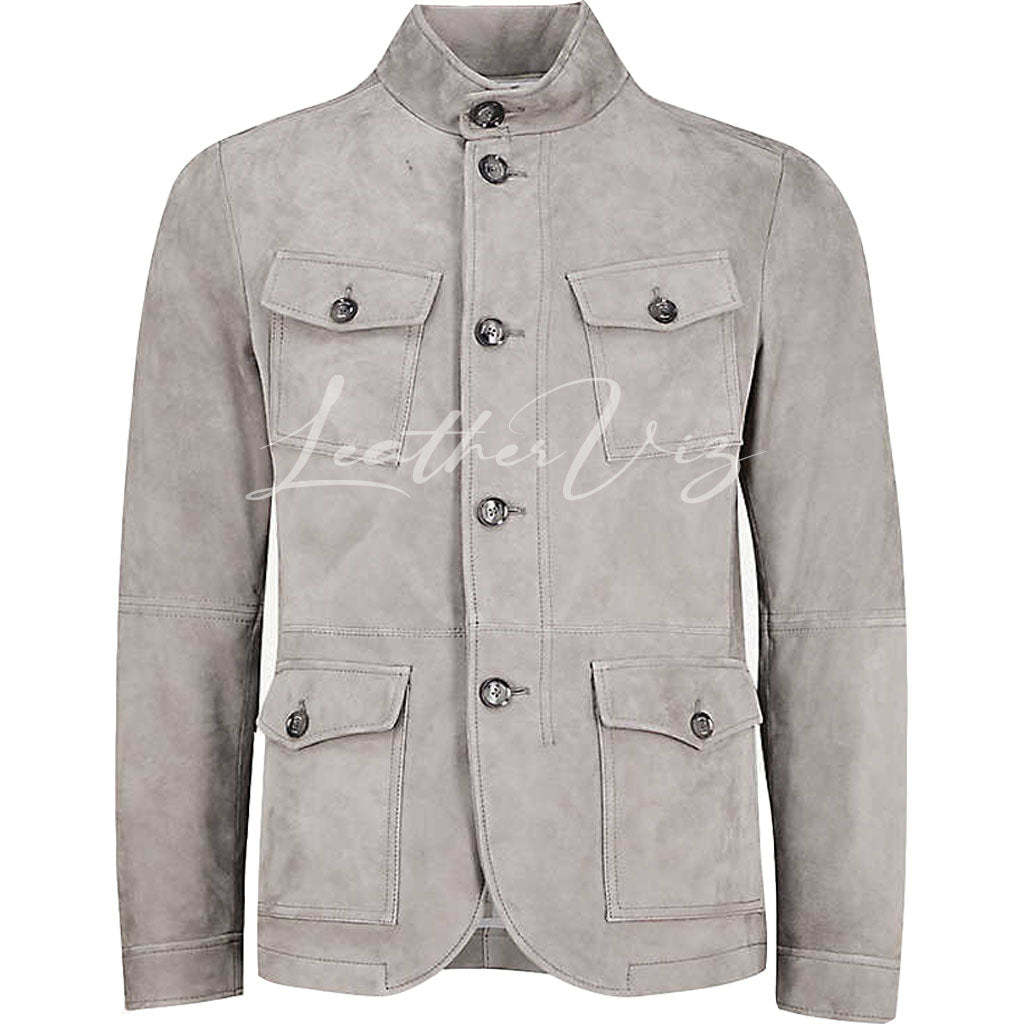 Funnel Neckline men gray suede leather jacket