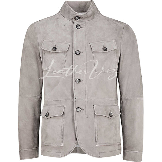 Funnel Neckline men gray suede leather jacket