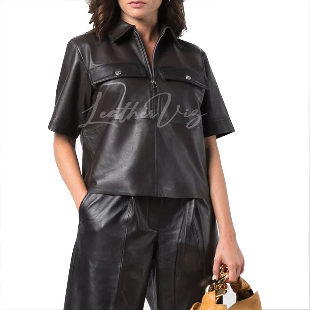 SHORT-SLEEVED TSHIRT LEATHER TOP