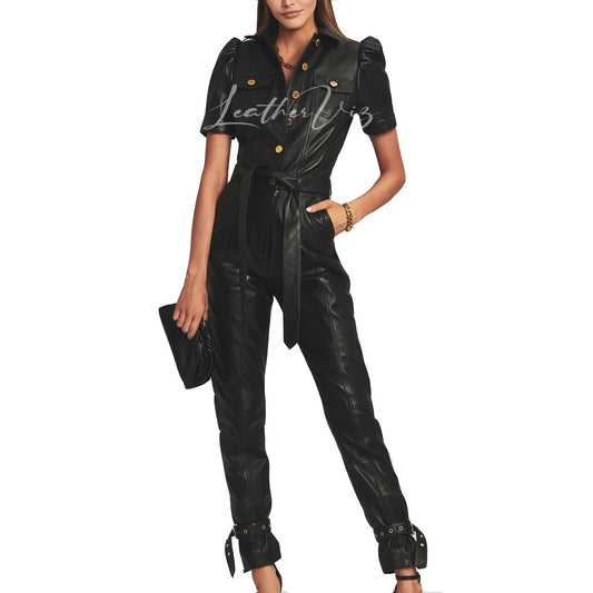Short Puffed Sleeves Women Leather Jumpsuits