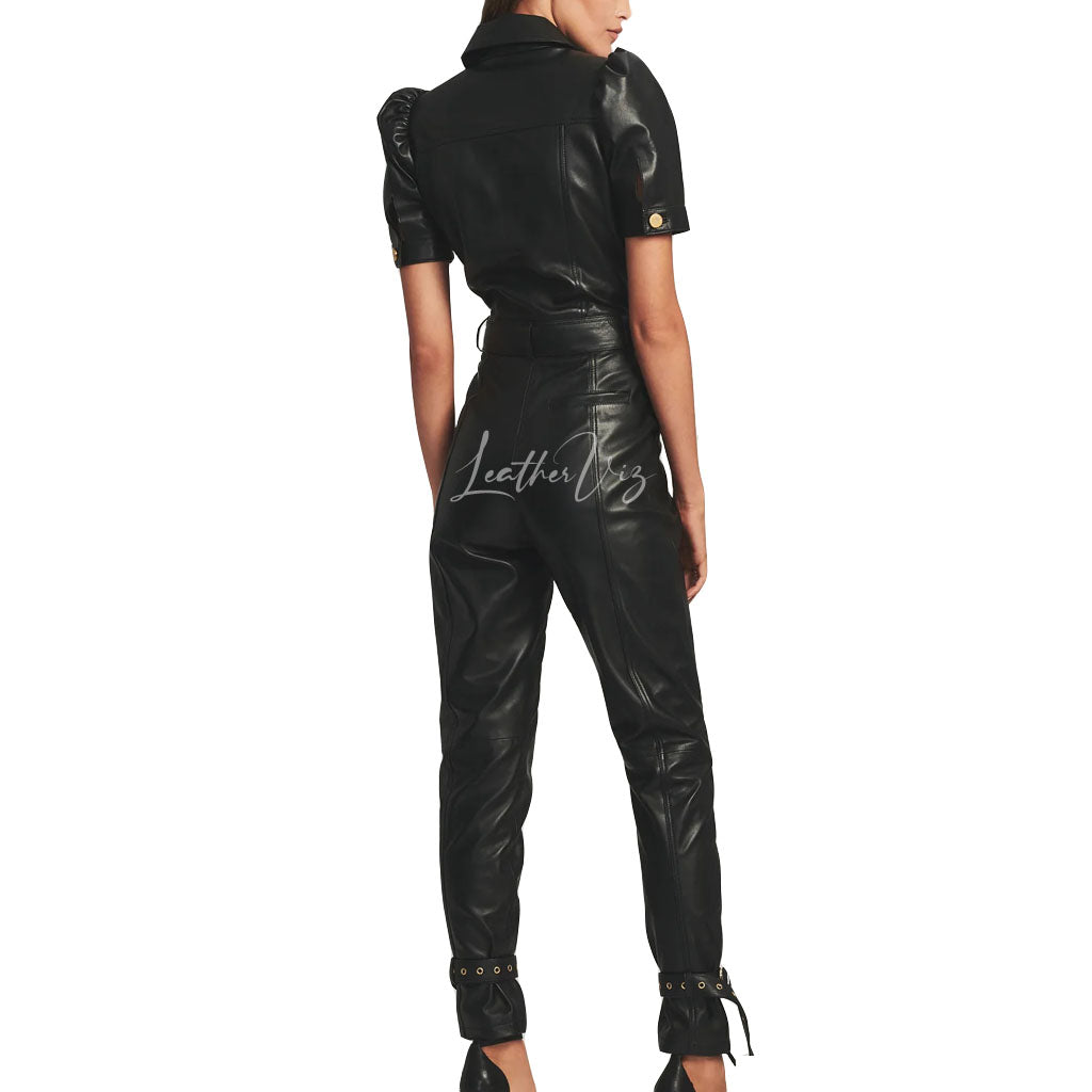 Short Puffed Sleeves Women Leather Jumpsuits