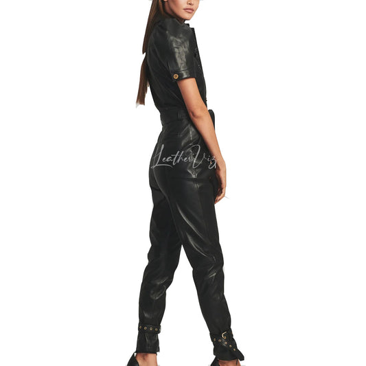 Short Puffed Sleeves Women Leather Jumpsuits