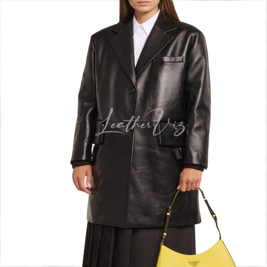 SINGLE-BREASTED WOMEN BLACK LEATHER COAT