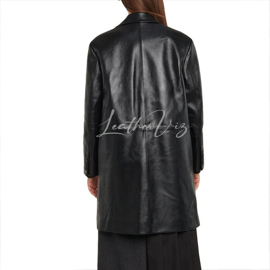 SINGLE-BREASTED WOMEN BLACK LEATHER COAT