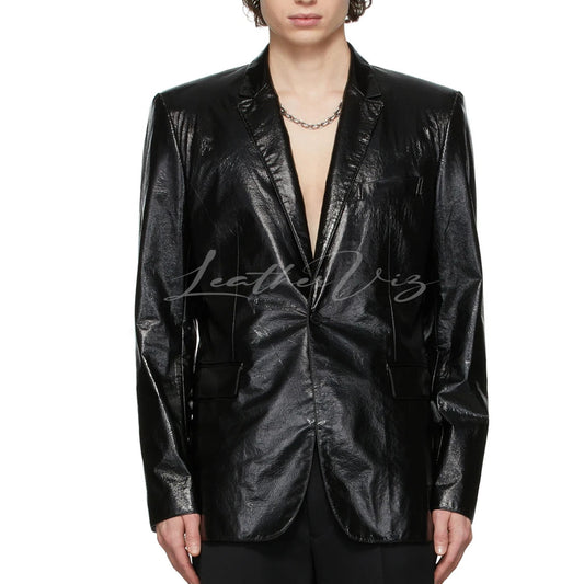 SINGLE BUTTON CORPORATE MEN LEATHER BLAZER