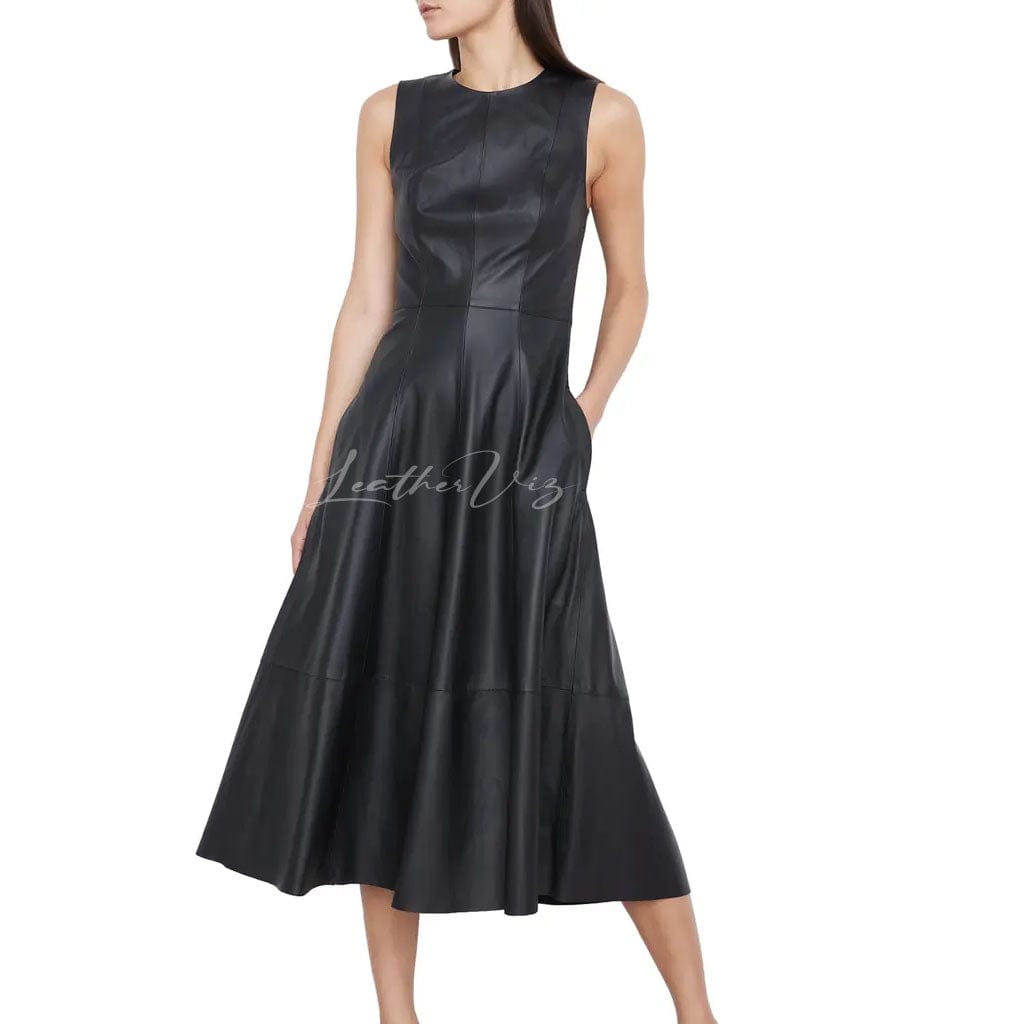 Sleeveless Leather A-Line Midi Dress