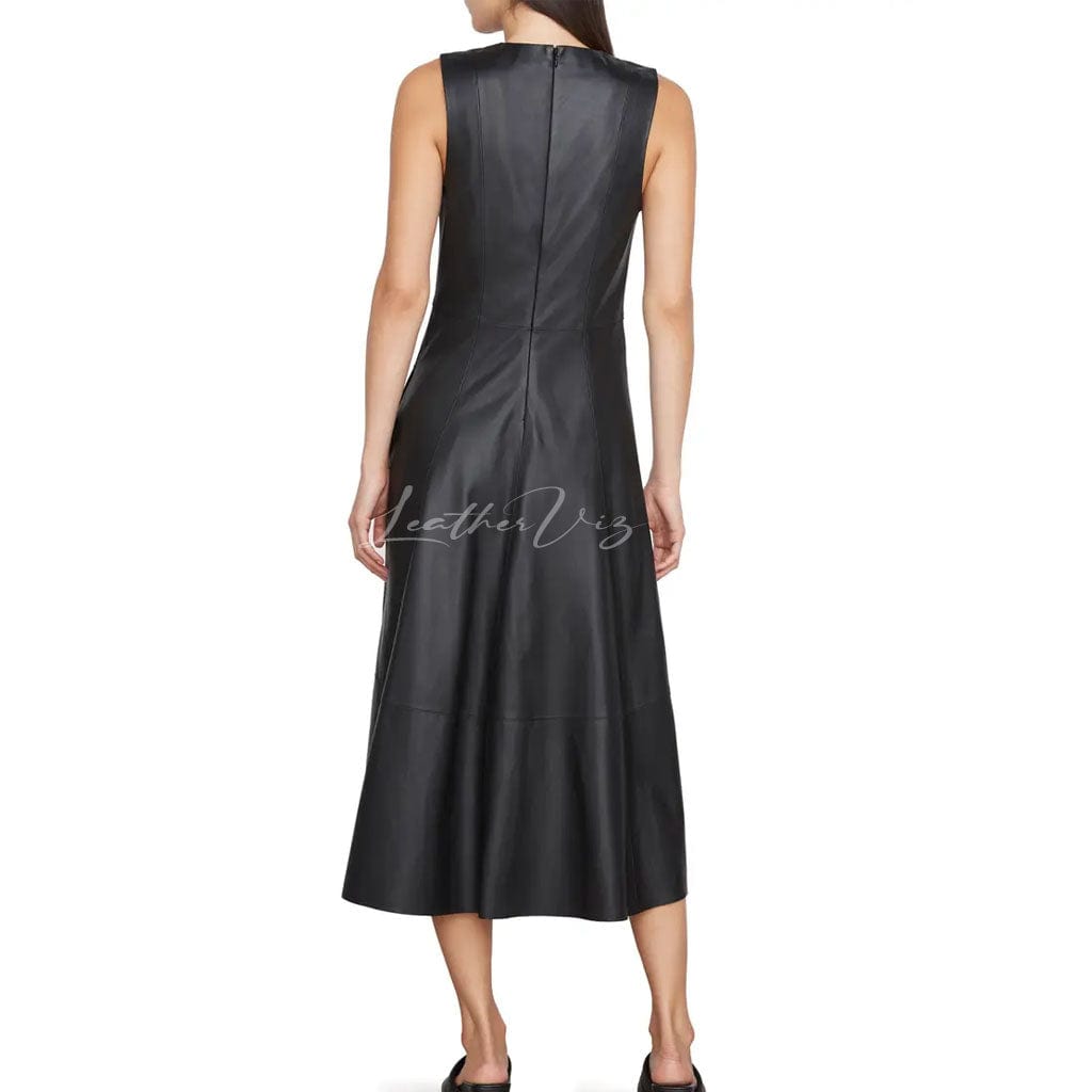 back zipper women leather midi gown for women