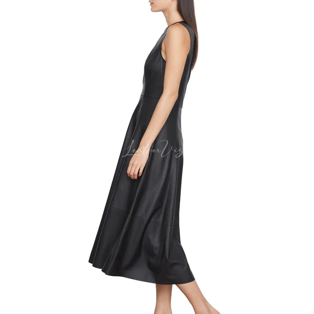 Flared Black Midi Leathre dress for women