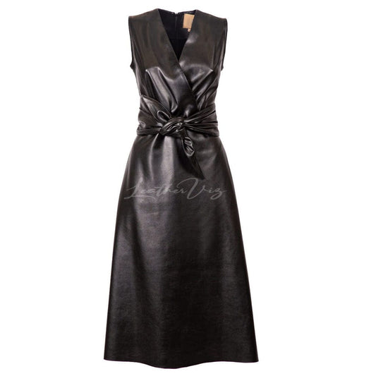 Sleeveless Midi Leather Dress For Women
