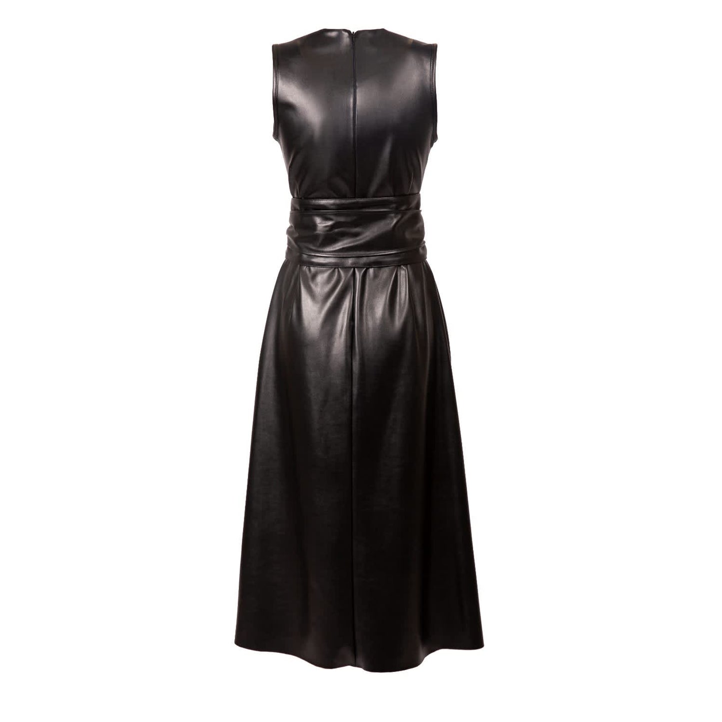 V Neckline mini black leather dress for women