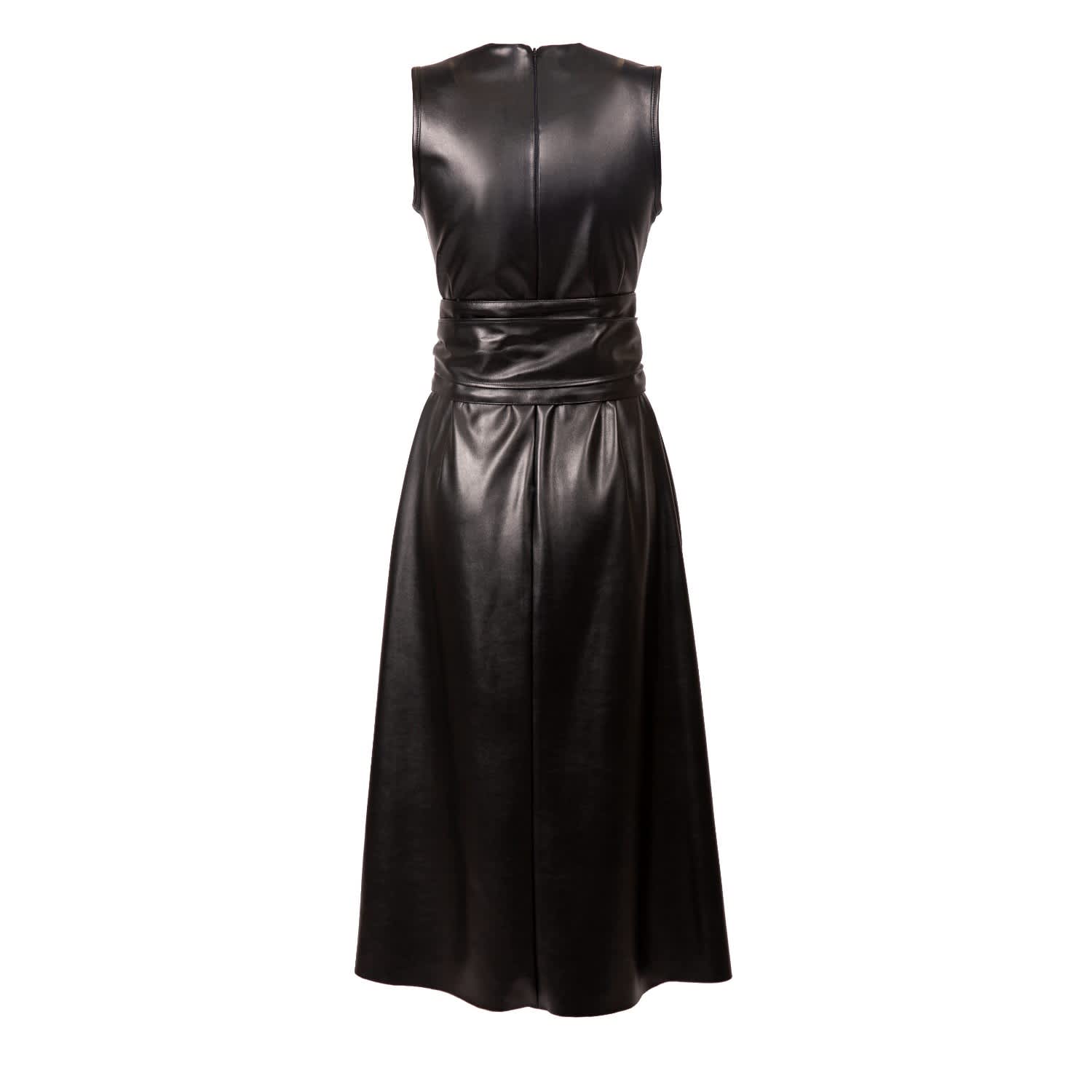 V Neckline mini black leather dress for women