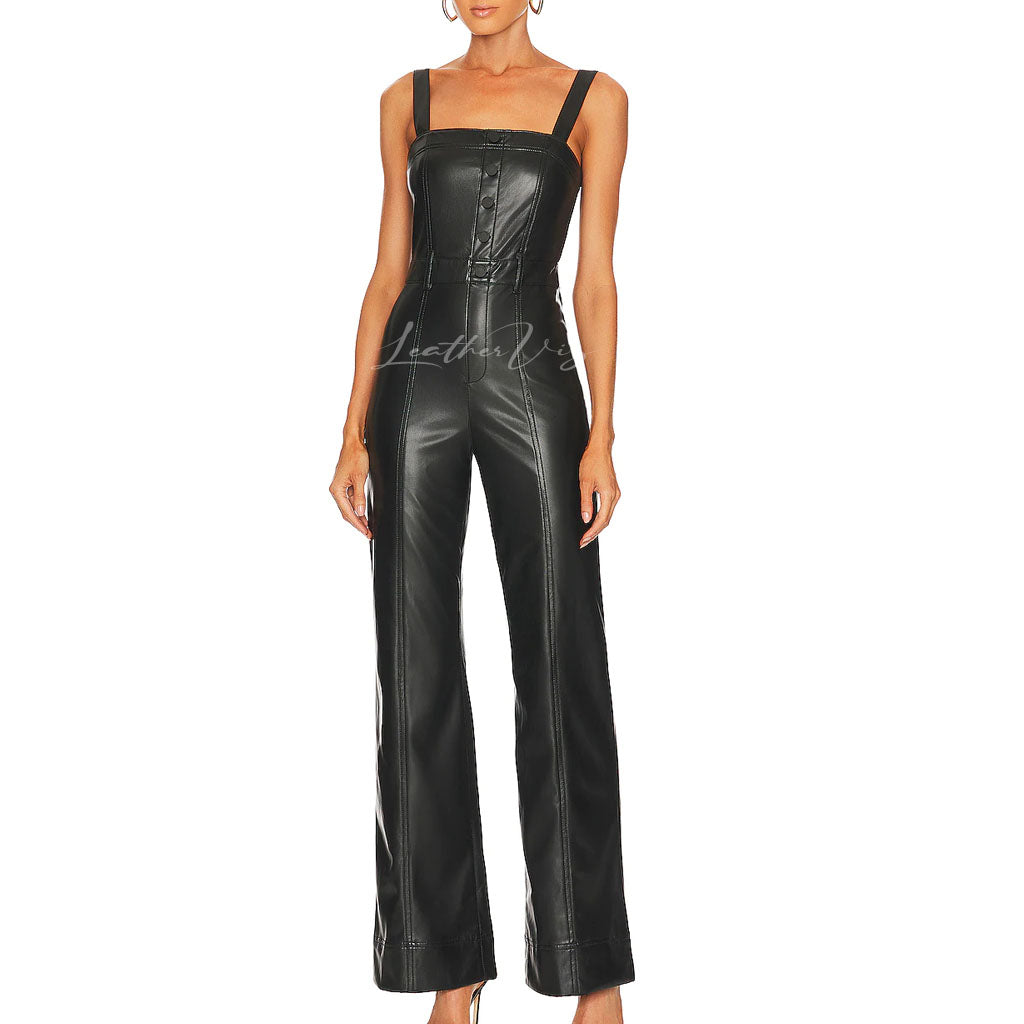 Smocked Back Women Sleeveless Leather Jumpsuit