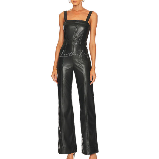 Smocked Back Women Sleeveless Leather Jumpsuit