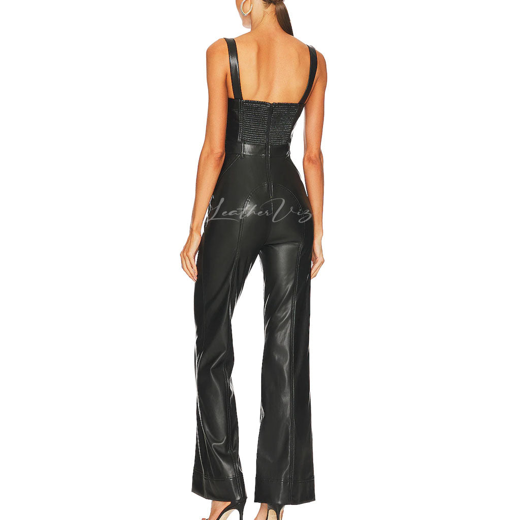Smocked Back Women Sleeveless Leather Jumpsuit