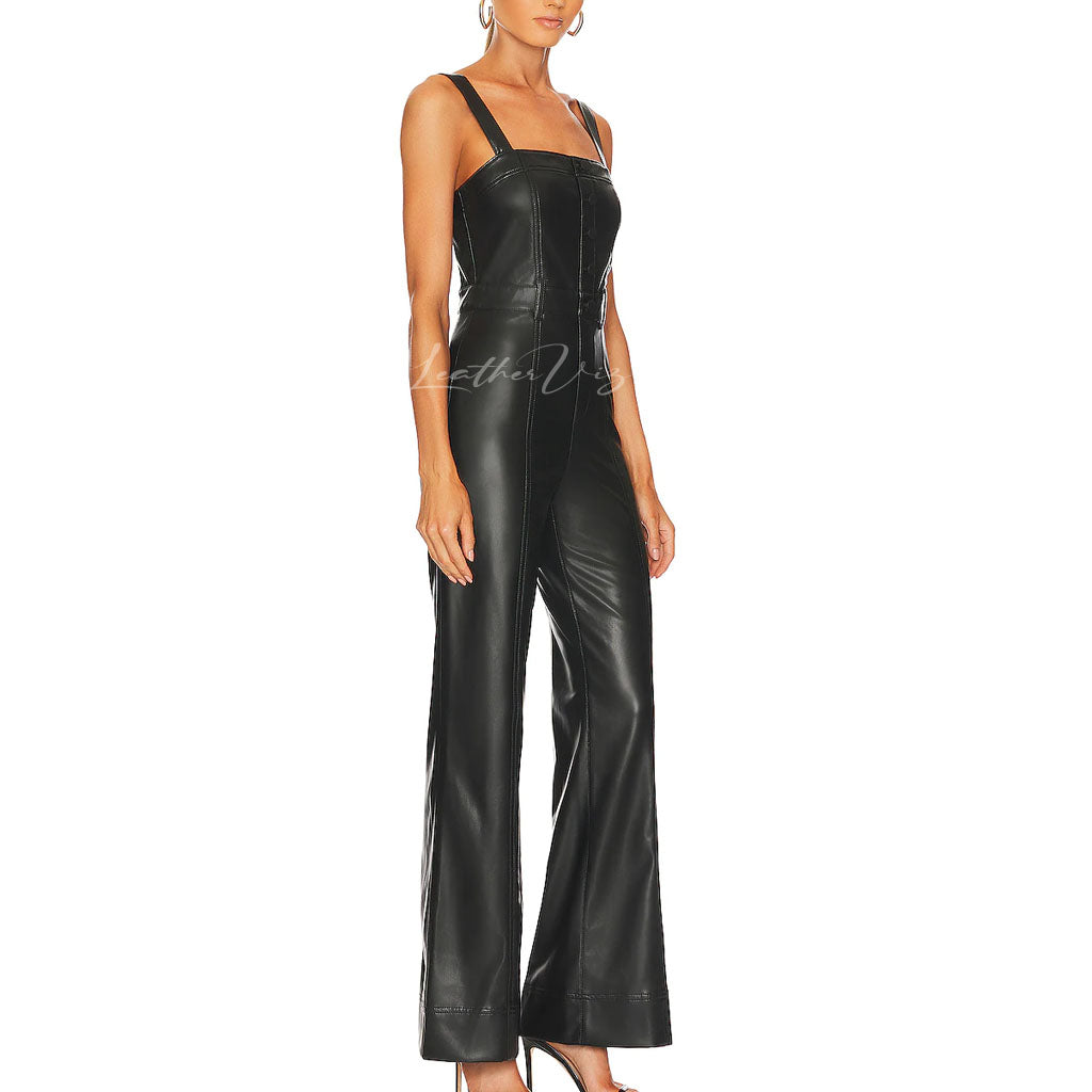 Smocked Back Women Sleeveless Leather Jumpsuit