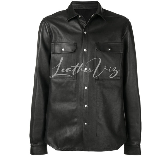 SNAP FRONT MEN BLACK LEATHER SHIRT