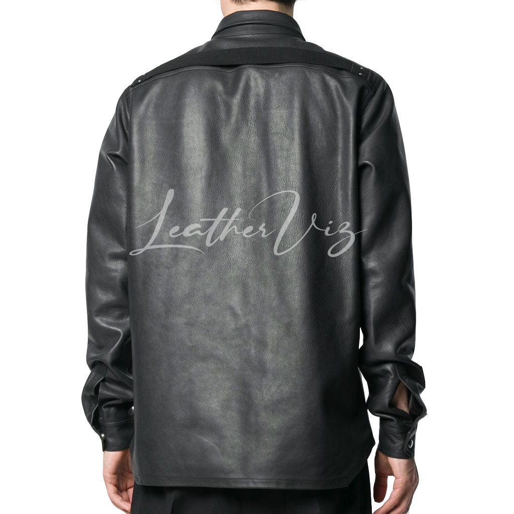 SNAP FRONT MEN BLACK LEATHER SHIRT