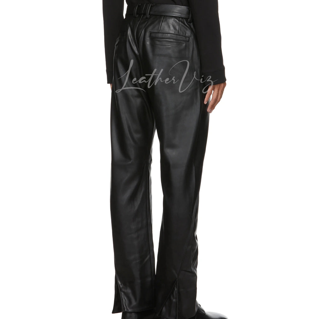 STRAIGHT-LEG BLACK LEATHER TROUSERS FOR MEN