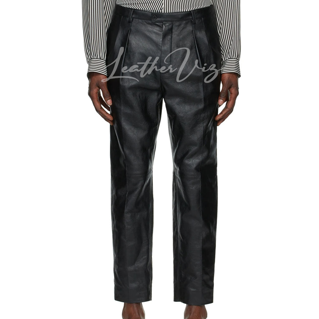 STRAIGHT-LEG LAMBSKIN LEATHER PANTS - BLACK MEN LEATHER TROUSER