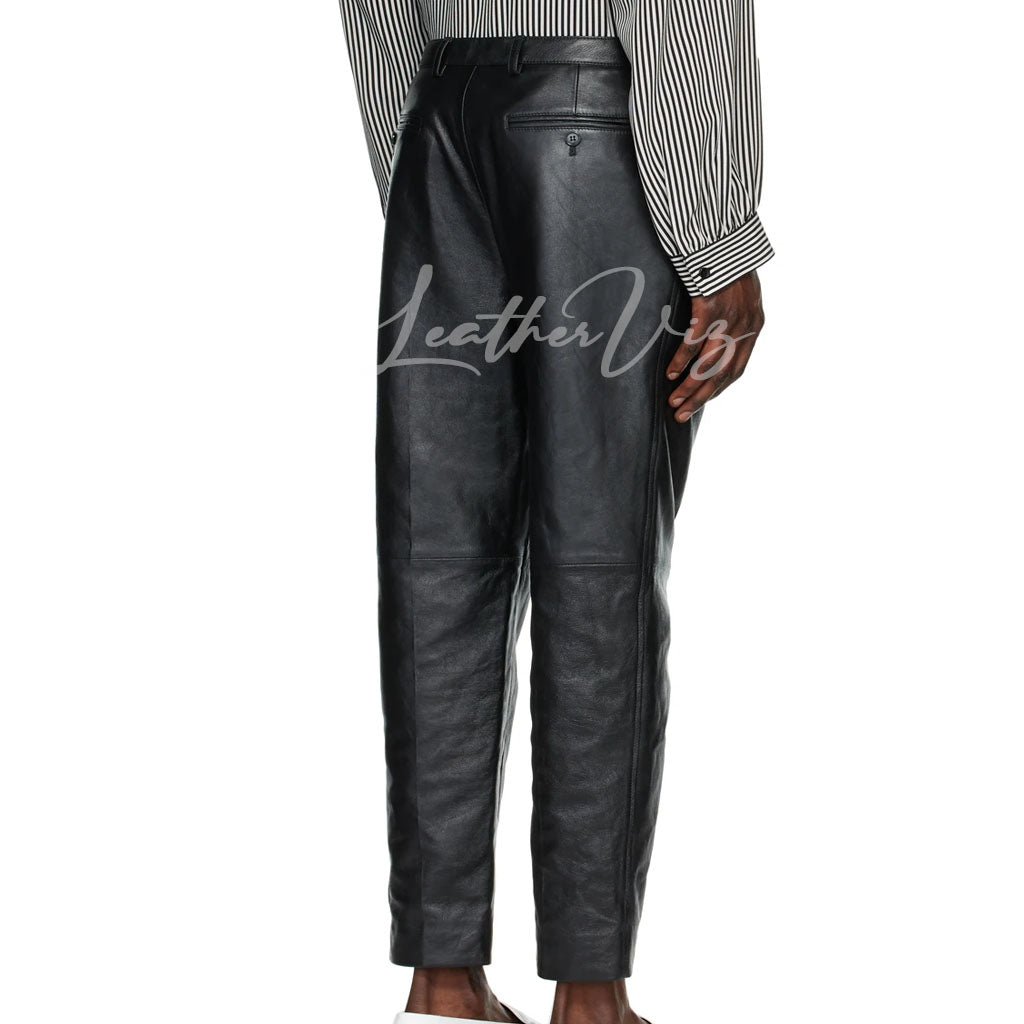 STRAIGHT-LEG LAMBSKIN LEATHER PANTS - BLACK MEN LEATHER TROUSER