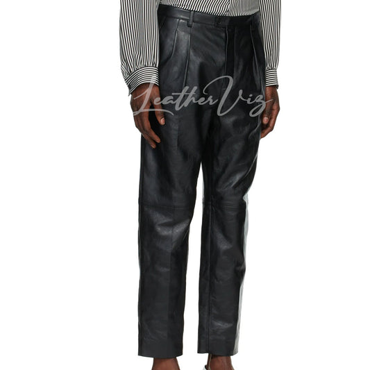 STRAIGHT-LEG LAMBSKIN LEATHER PANTS - BLACK MEN LEATHER TROUSER