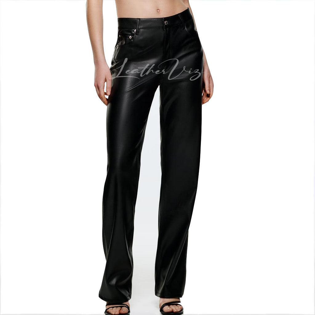 STRAIGHT LEG WOMEN BLACK LEATHER PANTS