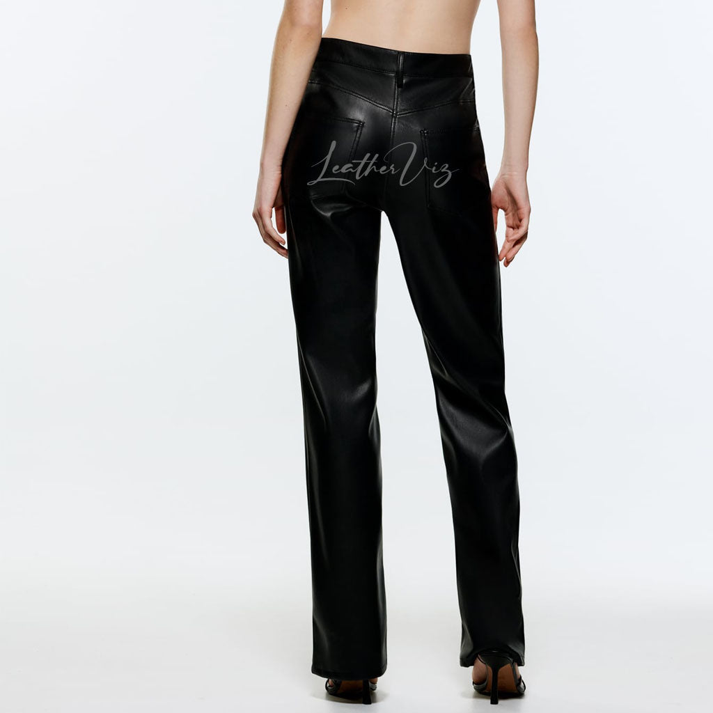 STRAIGHT LEG WOMEN BLACK LEATHER PANTS