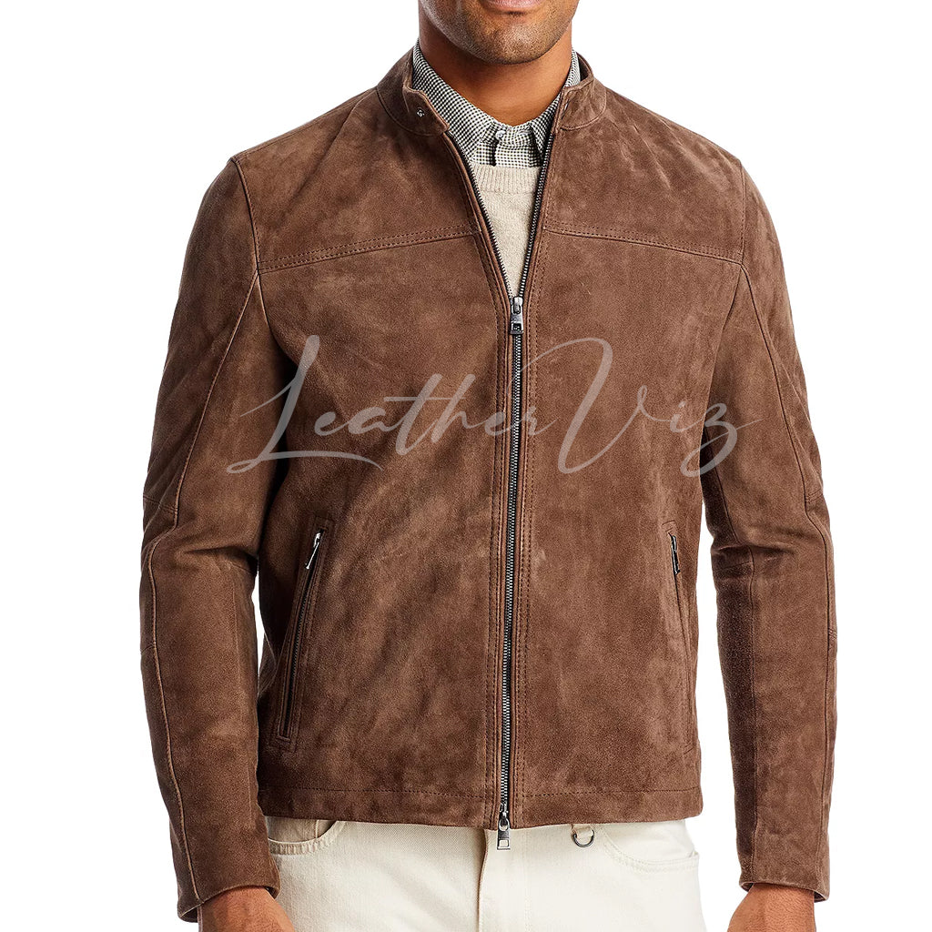 SUEDE LEATHER FULL ZIP MEN RACER JACKET