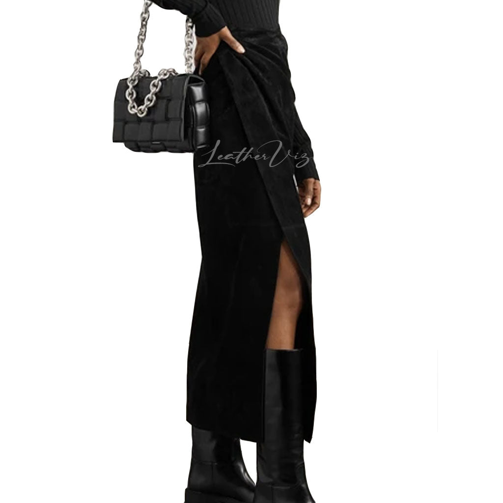 SUEDE WRAP MAXI LEATHER SKIRT FOR WOMEN