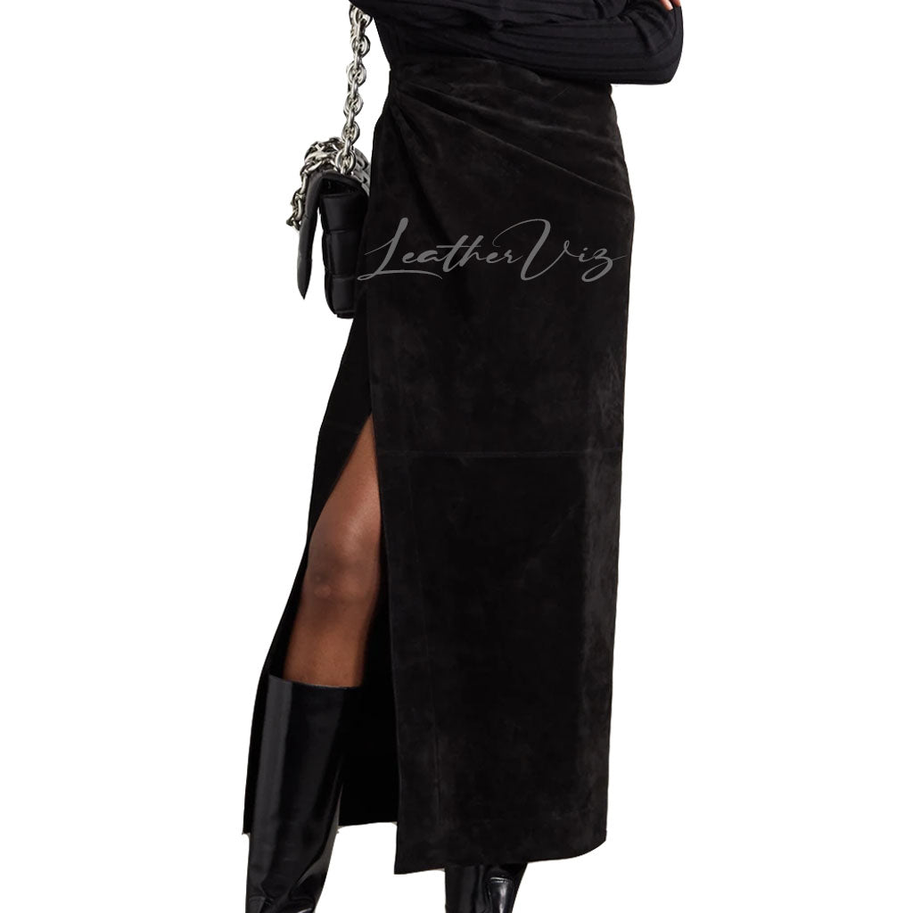SUEDE WRAP MAXI LEATHER SKIRT FOR WOMEN