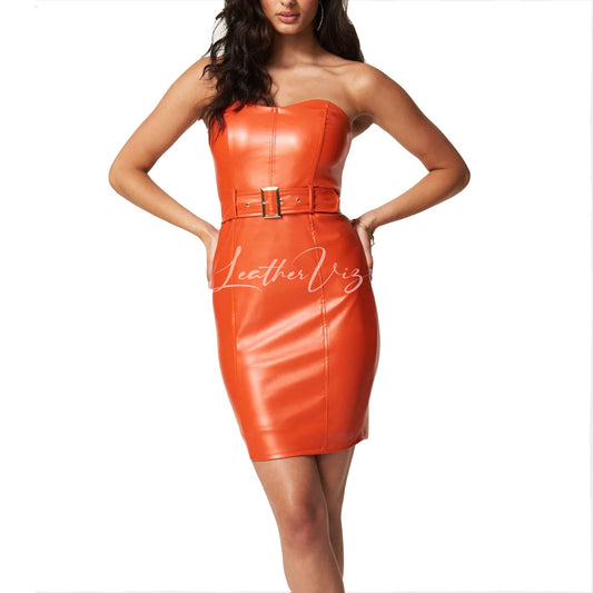 SWEEATHEART NECKLINE WOMEN MINI LEATHER DRESS