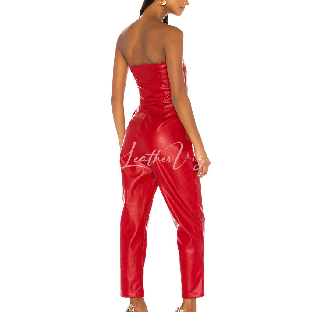 Sweet Heart Neckline Women Red Leather Jumpsuit