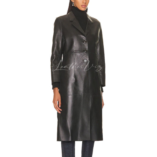 Classic women’s leather coat long length in Black