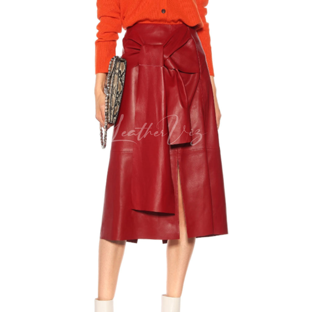 TIE STYLE WOMEN RED LEATHER SKIRT