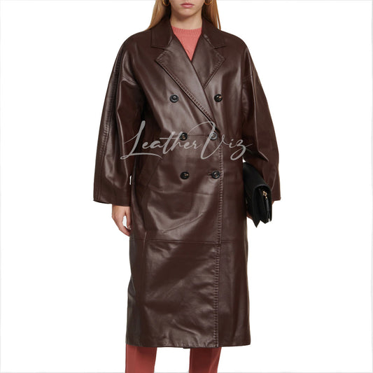 Topstitching Detailing Women Leather Trench Coat