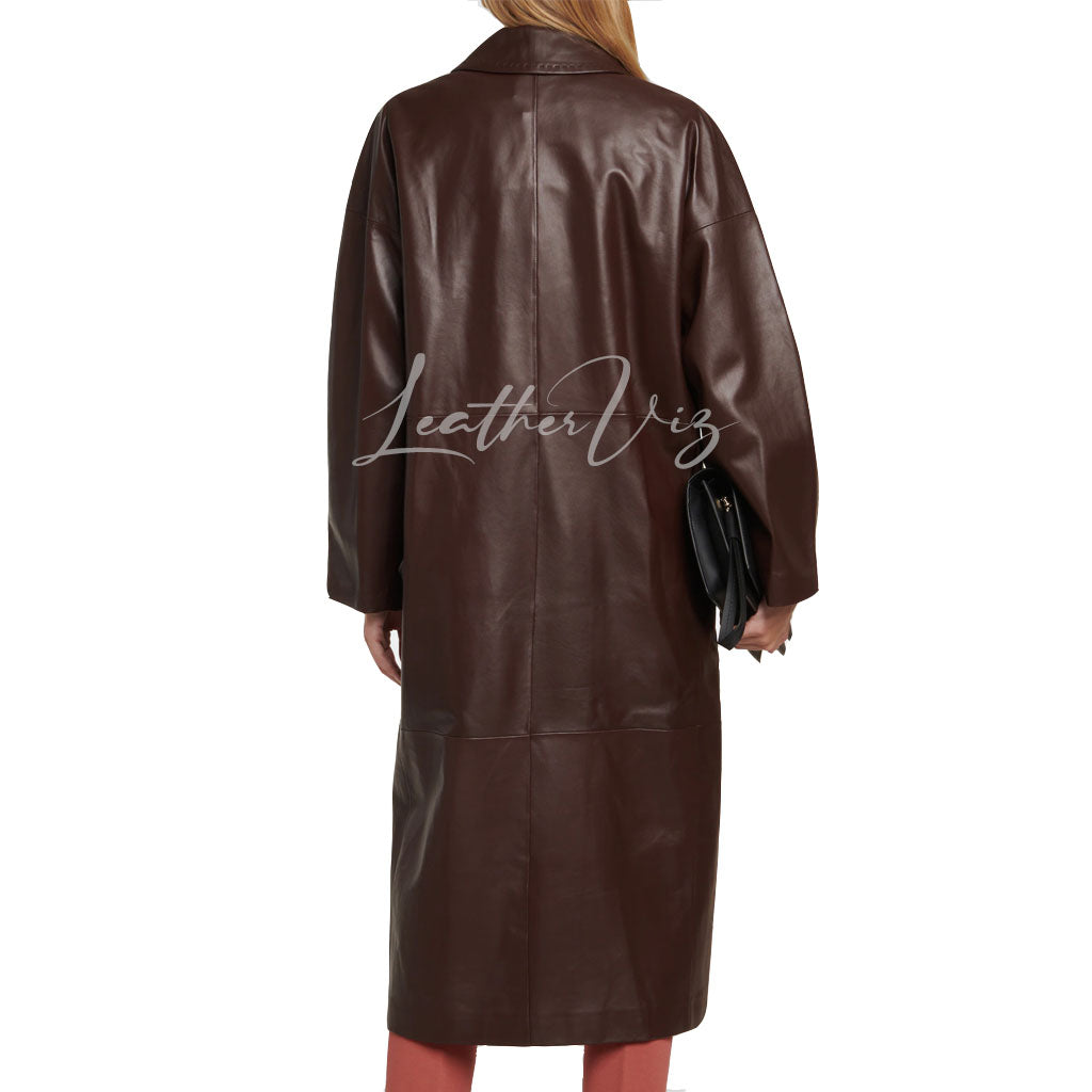 Topstitching Detailing Women Leather Trench Coat