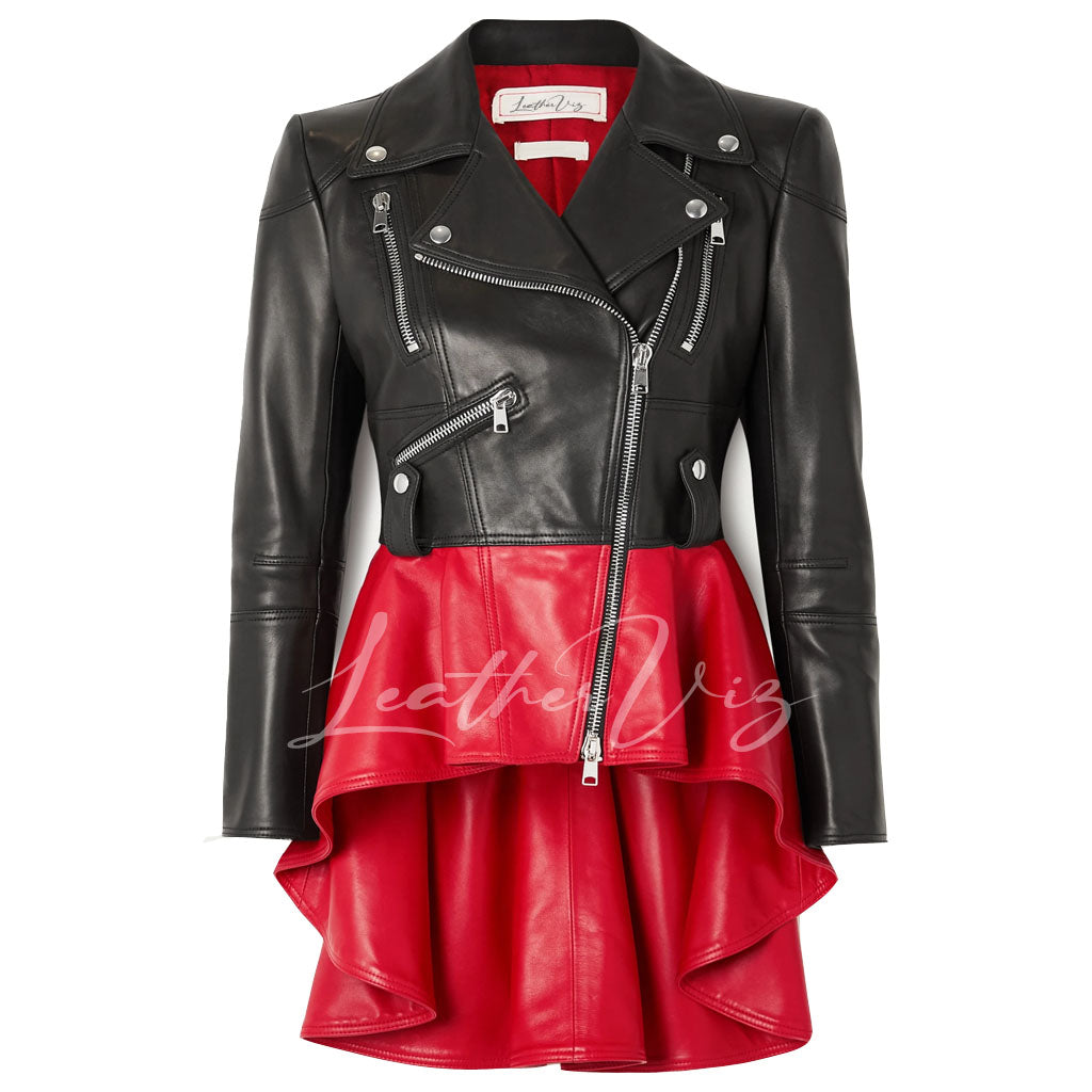 TWO-TONE LEATHER PEPLUM BIKER JACKET FOR WOMEN