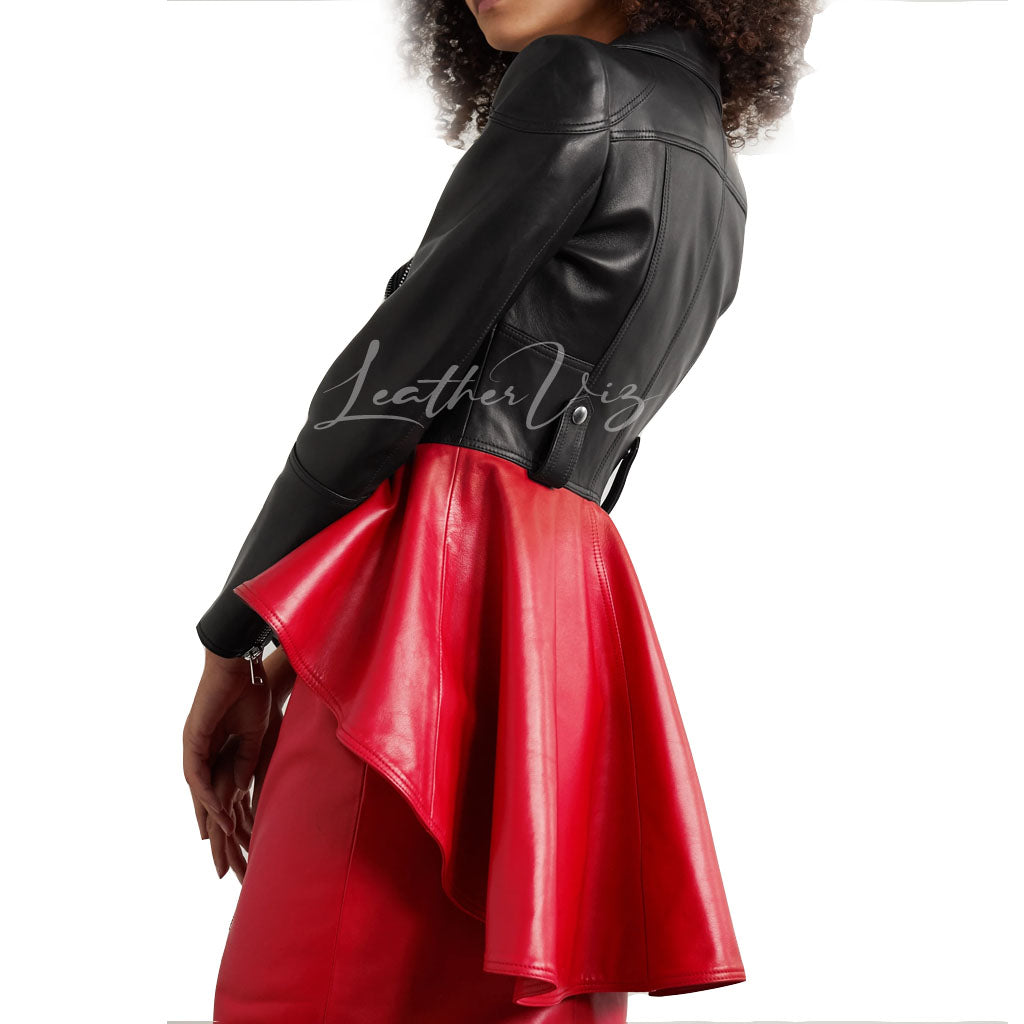TWO-TONE LEATHER PEPLUM BIKER JACKET FOR WOMEN