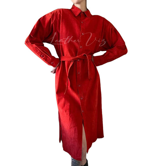 Vintage Red Leather Suede Women Shirt Dress