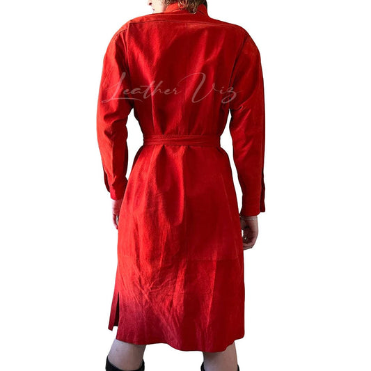 Vintage Red Leather Suede Women Shirt Dress