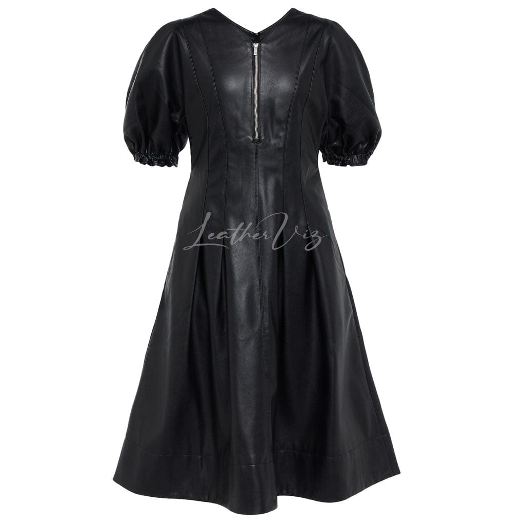 Vneckline Front Zipper Midi Leather Dress