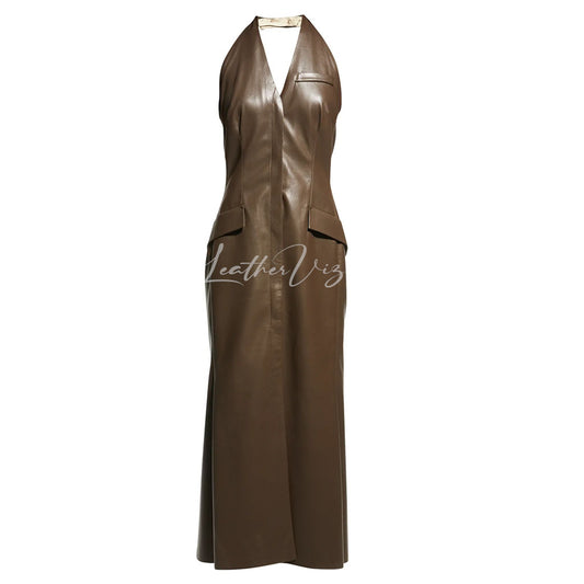 Halter-style women’s leather dress in brown
