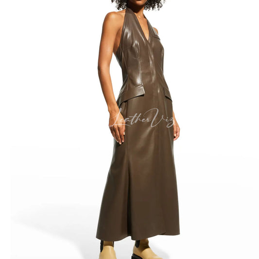 Open-back leather gown for women