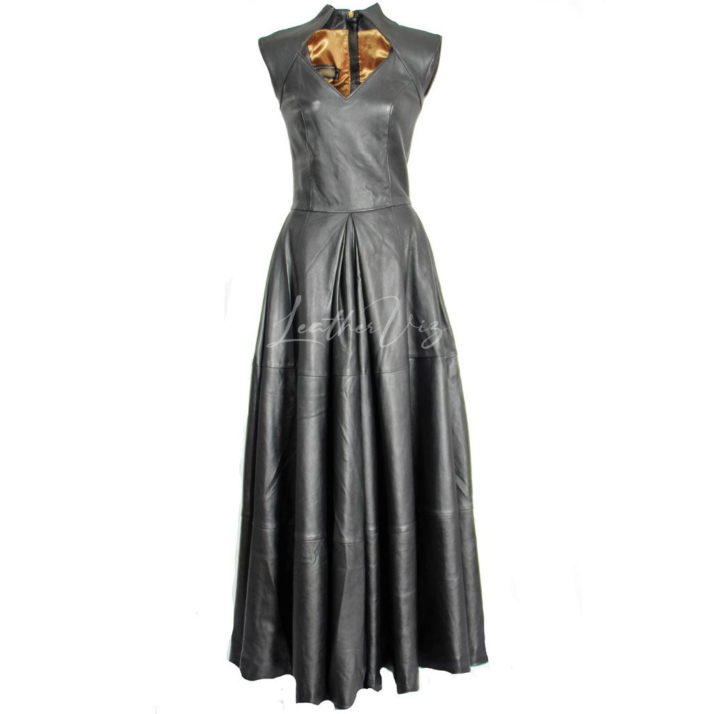 High neck women leather gown in black