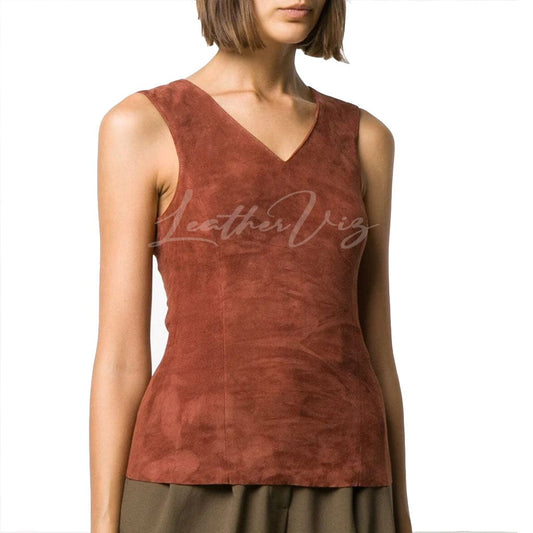 V NECKLINE SUEDE LEATHER TOP